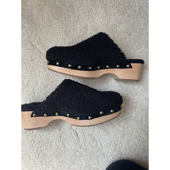 NEW J Crew Faux Fur Sherpa Black Wooden Clogs Shoes Women Size 7 - Picture 4 of 5